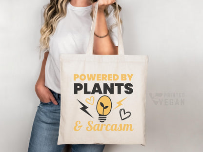 Gardening bag Vegan Bag Funny Gift for Plant Lover, Powered by Sarcasm Powered by Plants Bag, Eco Friendly Grocery Shopper, Reusable Tote