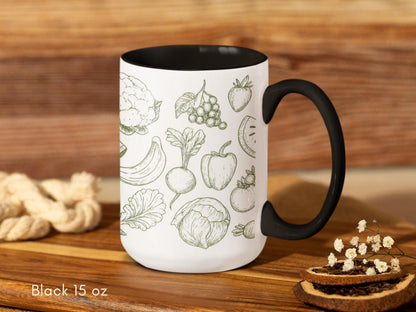 Accent Mug Vegan Mug Vegan Gift for Plant Lover, Fruit Veggie Line Art Cup, Healthy Lifestyle Kitchen Decor, Minimalist Ceramic Coffee Mug