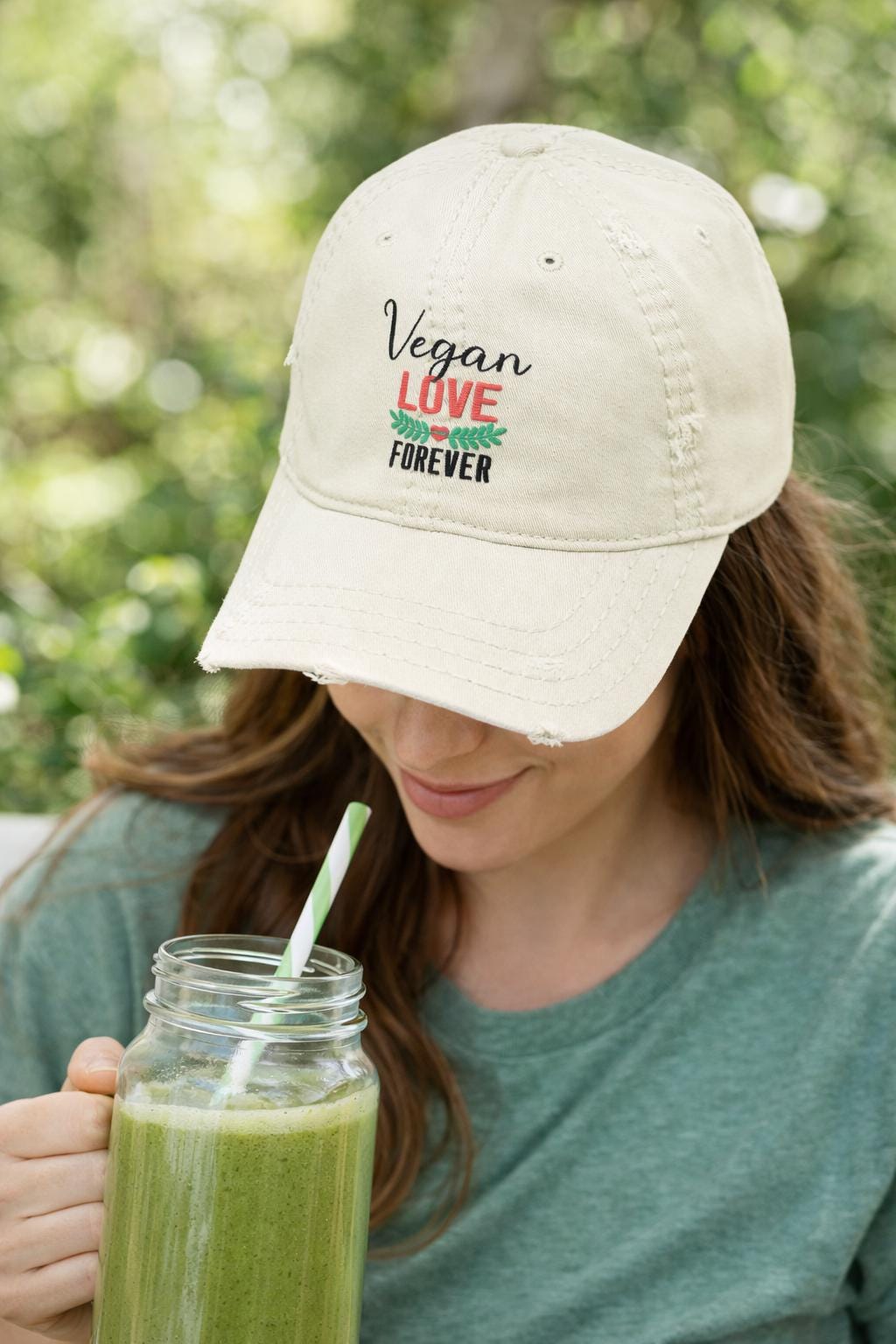 Vegan Love Forever Hat – Distressed Cotton Cap, Unisex Vegan Apparel, Plant-Based Lifestyle Gift