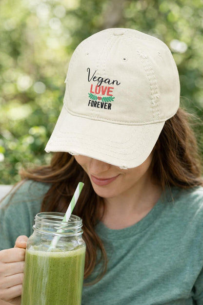 Vegan Love Forever Hat – Distressed Cotton Cap, Unisex Vegan Apparel, Plant-Based Lifestyle Gift