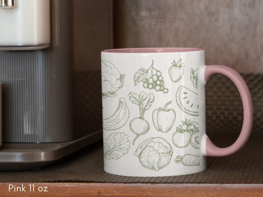 Accent Mug Vegan Mug Vegan Gift for Plant Lover, Fruit Veggie Line Art Cup, Healthy Lifestyle Kitchen Decor, Minimalist Ceramic Coffee Mug