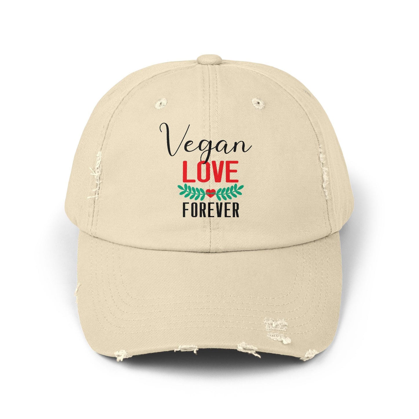 Vegan Love Forever Hat – Distressed Cotton Cap, Unisex Vegan Apparel, Plant-Based Lifestyle Gift
