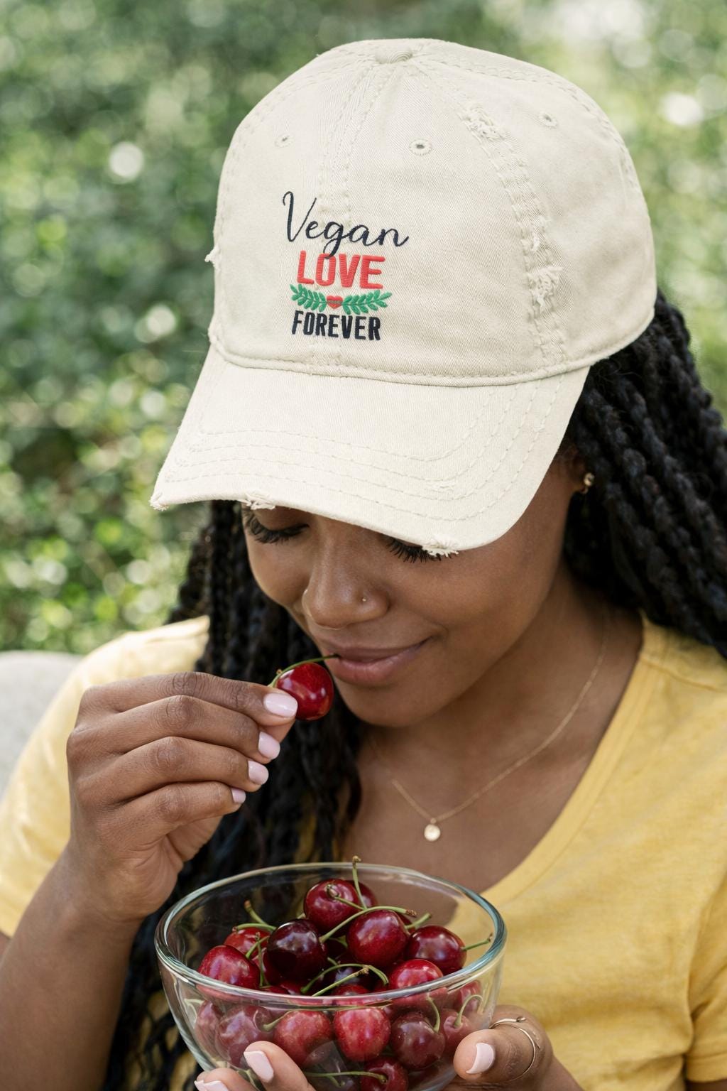 Vegan Love Forever Hat – Distressed Cotton Cap, Unisex Vegan Apparel, Plant-Based Lifestyle Gift
