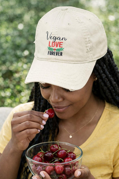 Vegan Love Forever Hat – Distressed Cotton Cap, Unisex Vegan Apparel, Plant-Based Lifestyle Gift