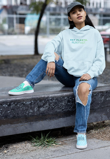 Eat Plants Run Fast Hoodie, Minimalist Vegan Text Sweatshirt, Plant Based Fitness Gift, Simple Typography Pullover