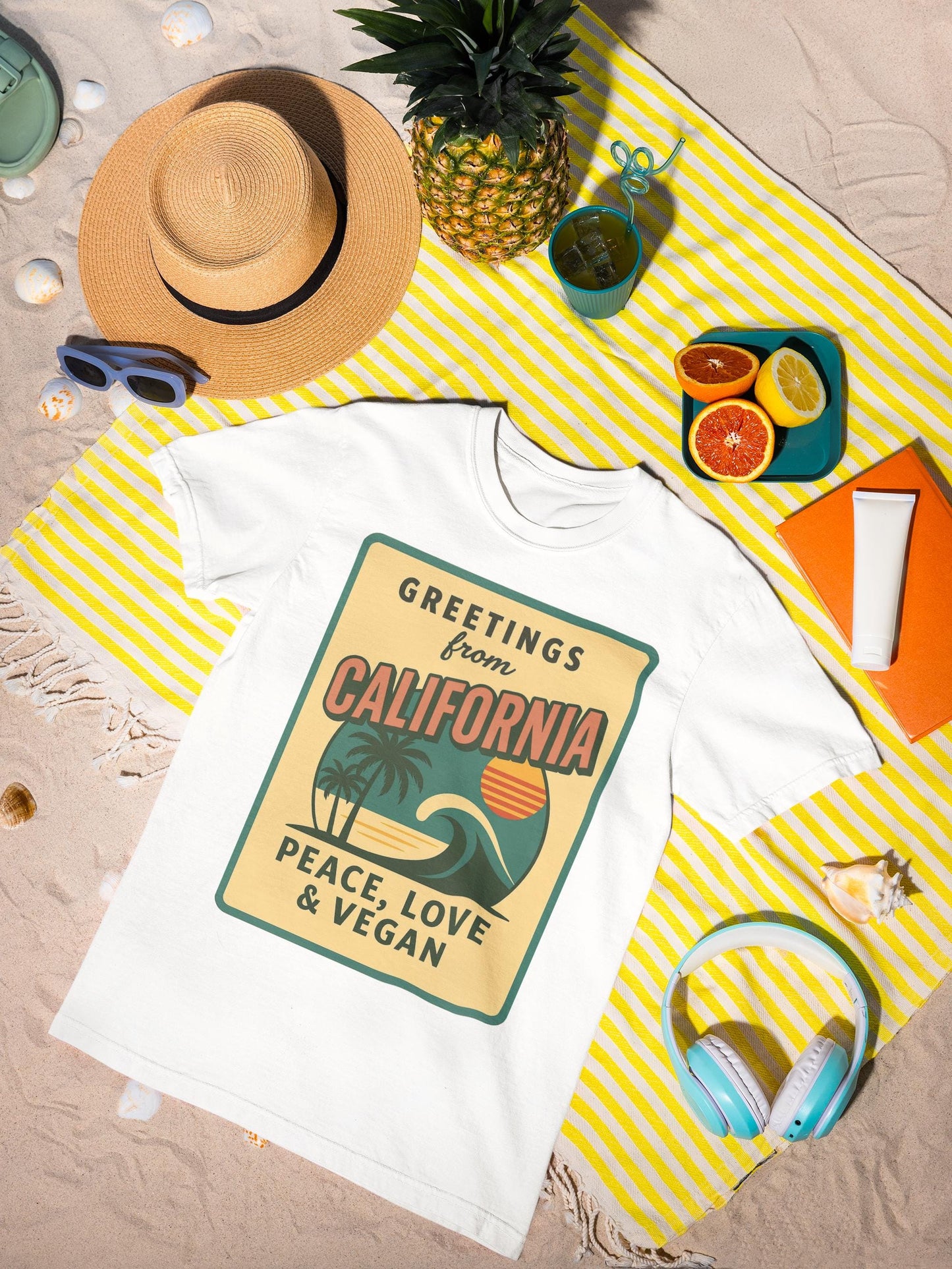 California Peace Love Vegan T-Shirt, Retro Beach Graphic Tee