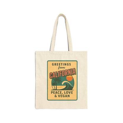 California Retro Postcard Tote Bag, Peace Love Vegan Canvas Farmers Market Bag