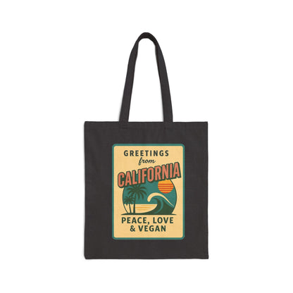 California Retro Postcard Tote Bag, Peace Love Vegan Canvas Farmers Market Bag