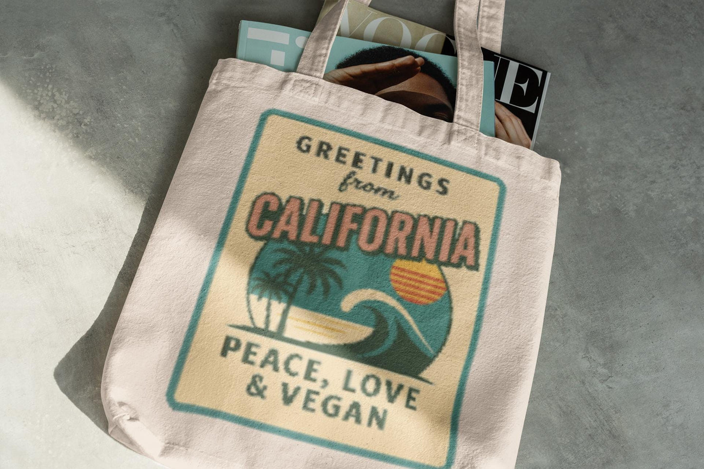 California Retro Postcard Tote Bag, Peace Love Vegan Canvas Farmers Market Bag