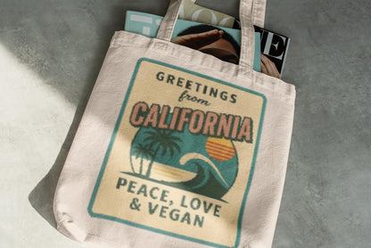 California Retro Postcard Tote Bag, Peace Love Vegan Canvas Farmers Market Bag