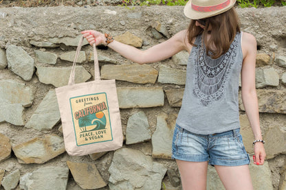 California Retro Postcard Tote Bag, Peace Love Vegan Canvas Farmers Market Bag