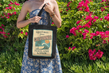 California Retro Postcard Tote Bag, Peace Love Vegan Canvas Farmers Market Bag
