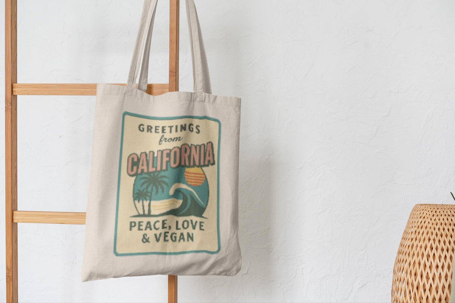 California Retro Postcard Tote Bag, Peace Love Vegan Canvas Farmers Market Bag