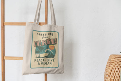 California Retro Postcard Tote Bag, Peace Love Vegan Canvas Farmers Market Bag