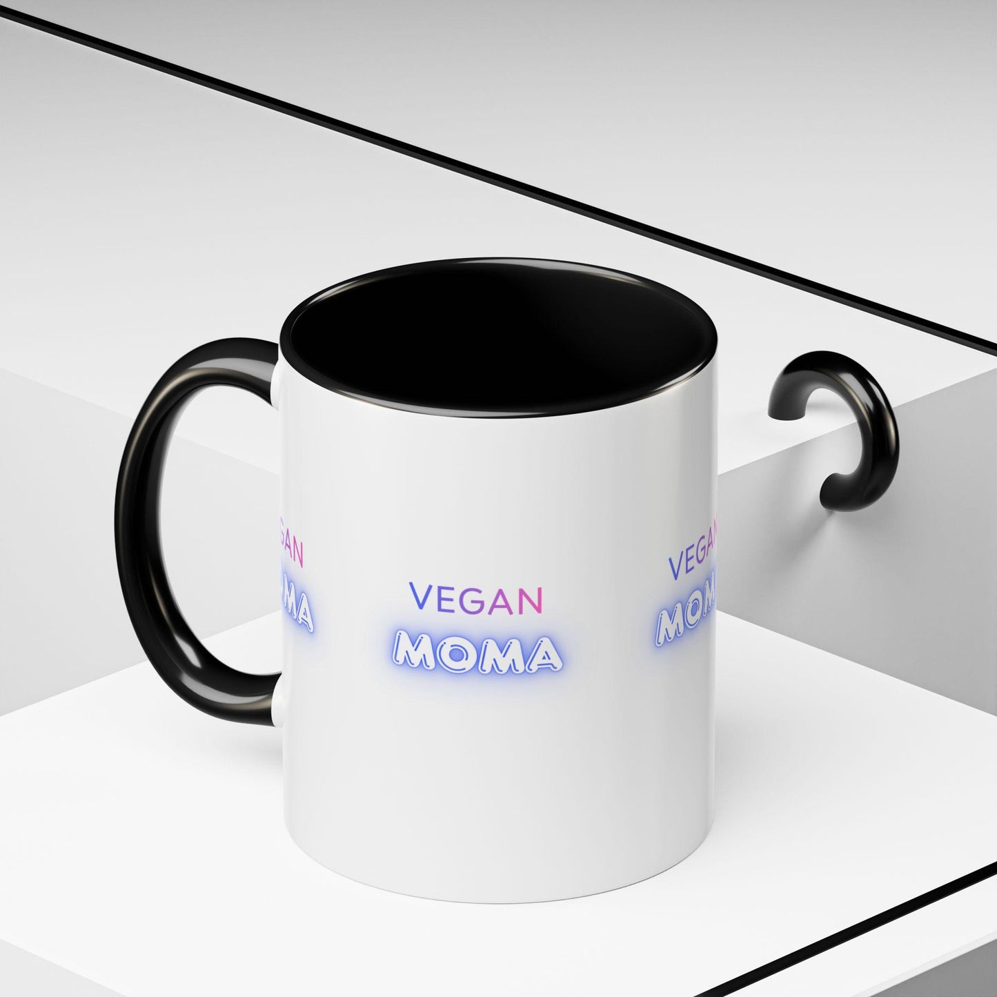 Vegan Moma mug | Accent Coffee Mug 11oz 15oz, White with Black Handle