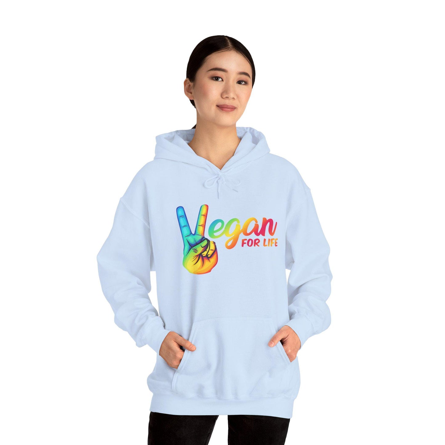 Vegan for Life Hoodie, Rainbow Peace Sign Sweatshirt, Plant Based Pullover