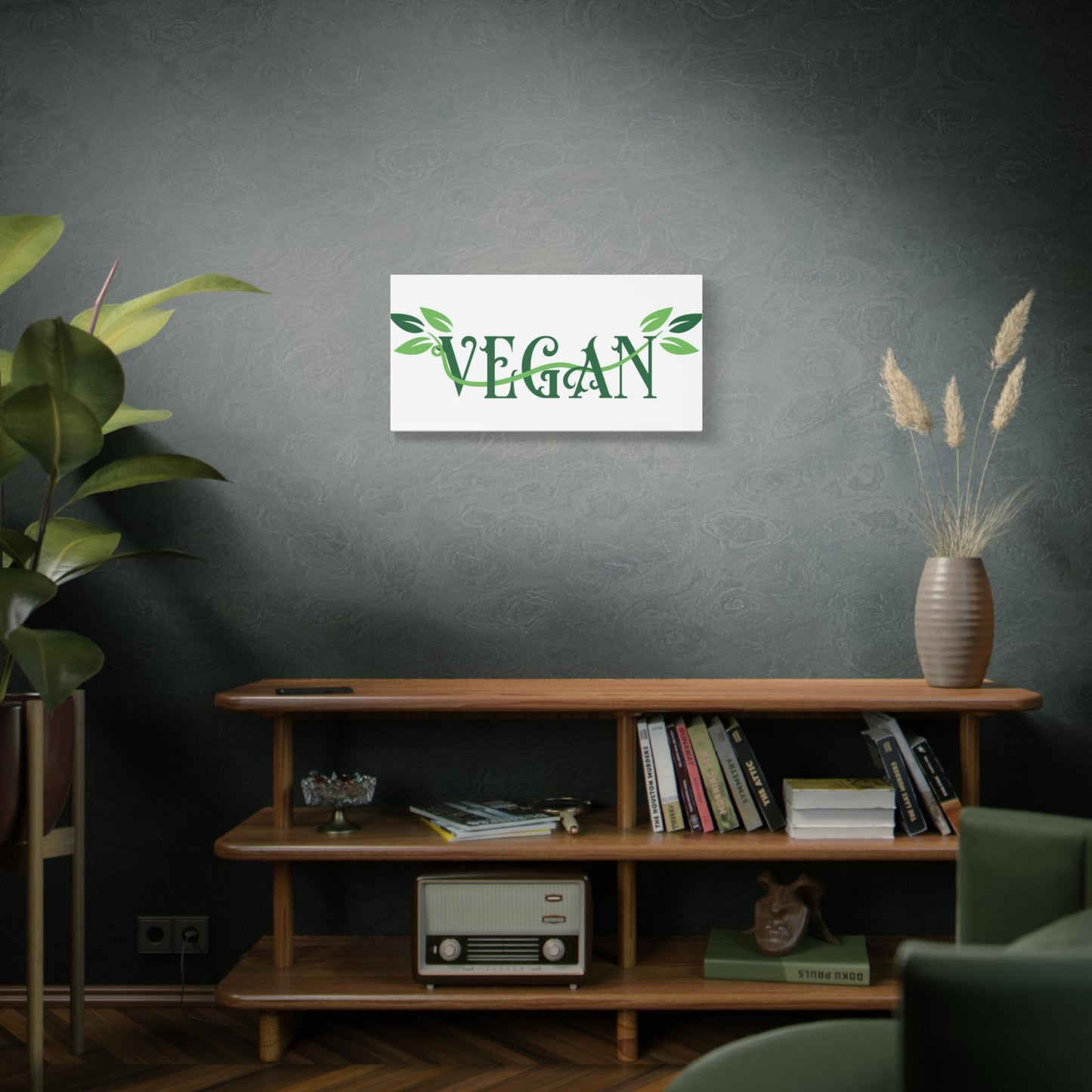 Vegan Script with Leaves Canvas - Hanging Vegan Text