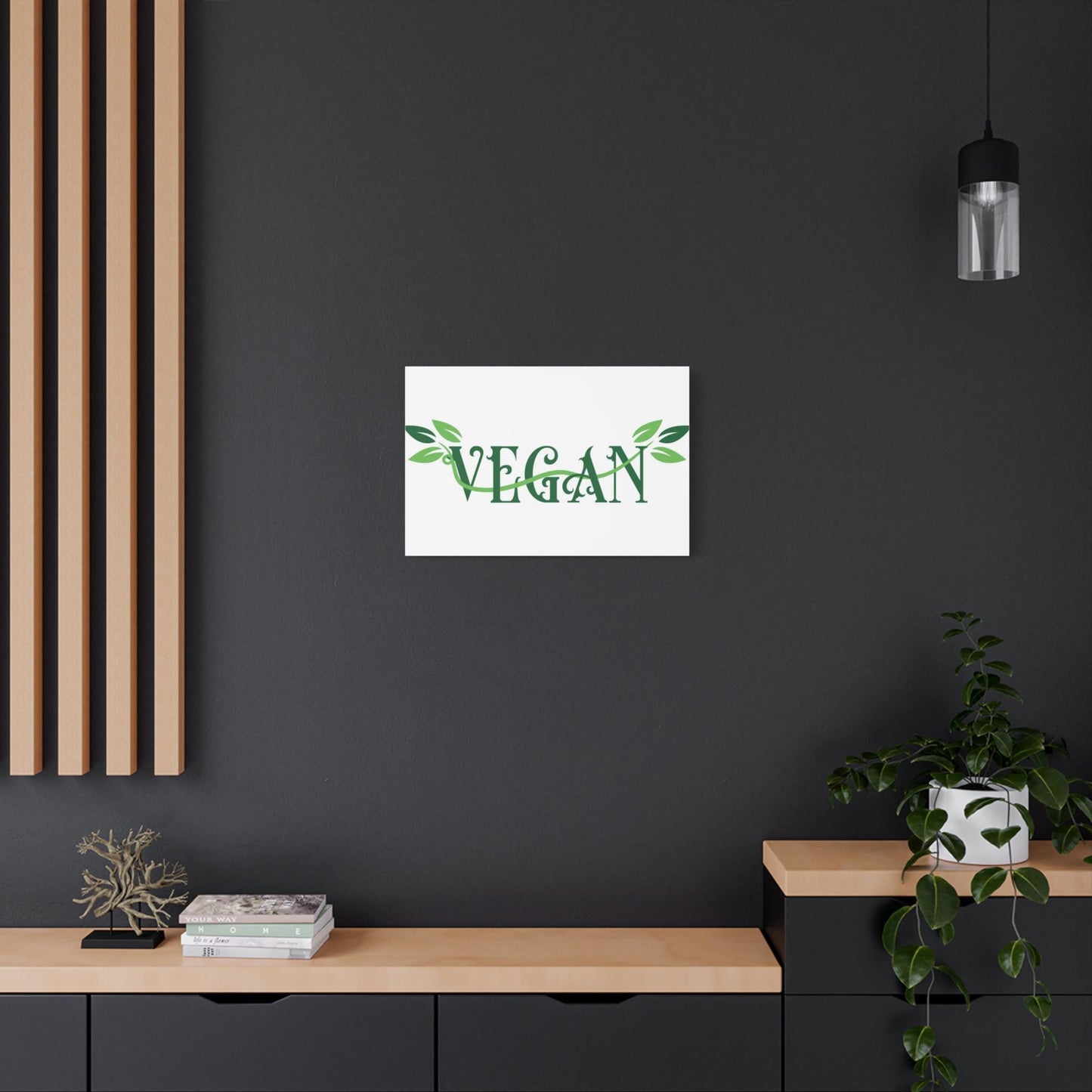Vegan Script with Leaves Canvas - Hanging Vegan Text