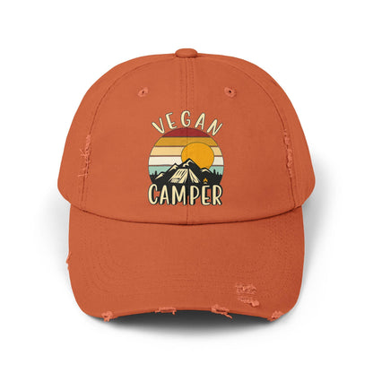 Vegan Camper Cap | Distressed Baseball Hat, Retro Sunset Mountain Design