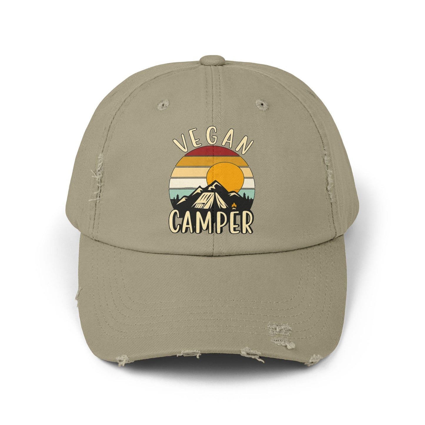 Vegan Camper Cap | Distressed Baseball Hat, Retro Sunset Mountain Design