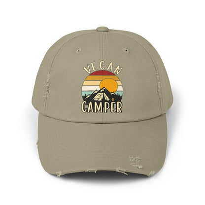 Vegan Camper Cap | Distressed Baseball Hat, Retro Sunset Mountain Design