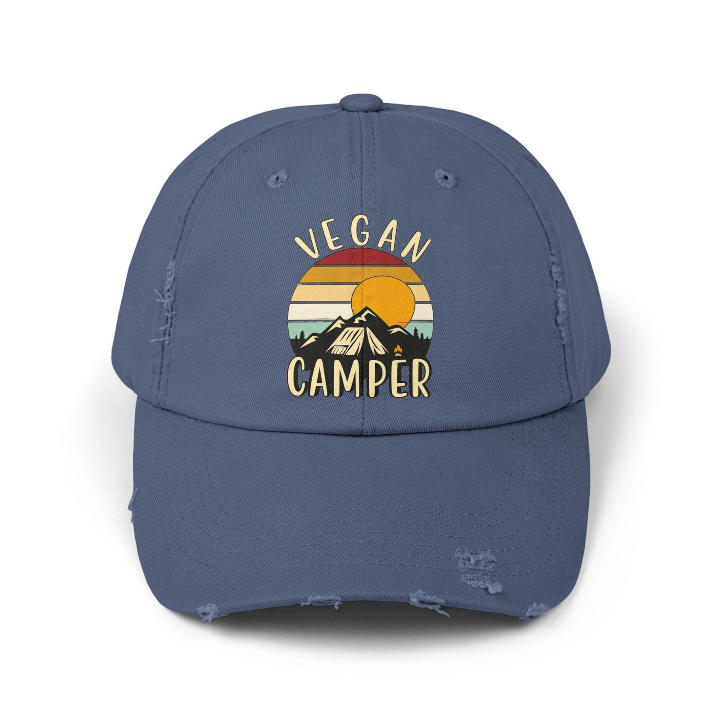 Vegan Camper Cap | Distressed Baseball Hat, Retro Sunset Mountain Design