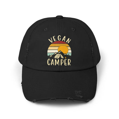 Vegan Camper Cap | Distressed Baseball Hat, Retro Sunset Mountain Design