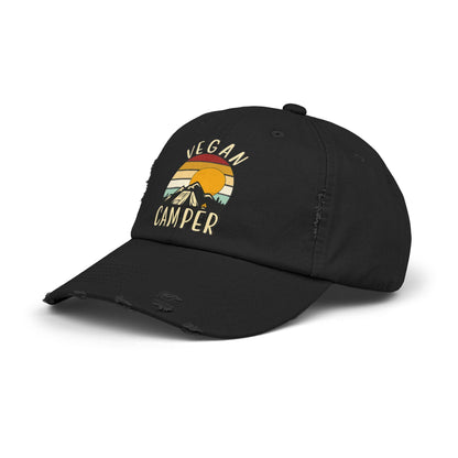 Vegan Camper Cap | Distressed Baseball Hat, Retro Sunset Mountain Design