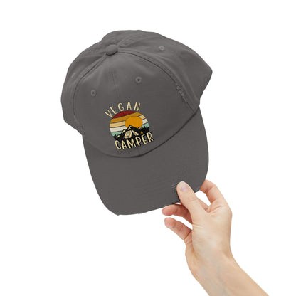 Vegan Camper Cap | Distressed Baseball Hat, Retro Sunset Mountain Design