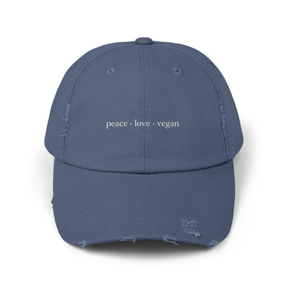 Distressed Cotton Twill Cap | Peace Love Vegan Statement Hat
