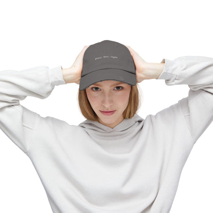 Distressed Cotton Twill Cap | Peace Love Vegan Statement Hat
