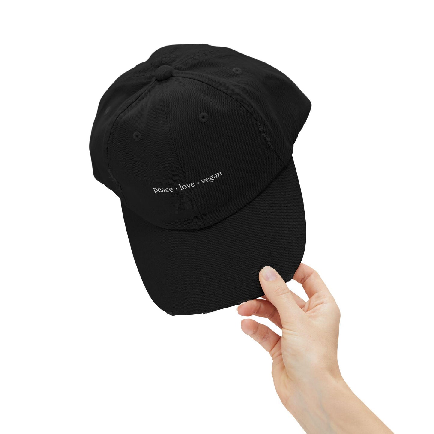 Distressed Cotton Twill Cap | Peace Love Vegan Statement Hat