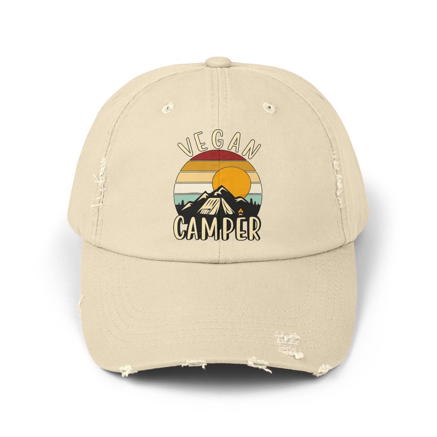 Vegan Camper Cap | Distressed Baseball Hat, Retro Sunset Mountain Design