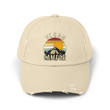 Vegan Camper Cap | Distressed Baseball Hat, Retro Sunset Mountain Design