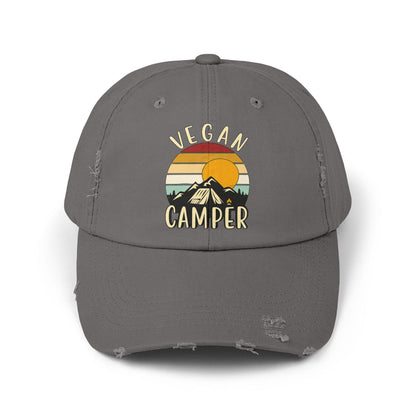 Vegan Camper Cap | Distressed Baseball Hat, Retro Sunset Mountain Design