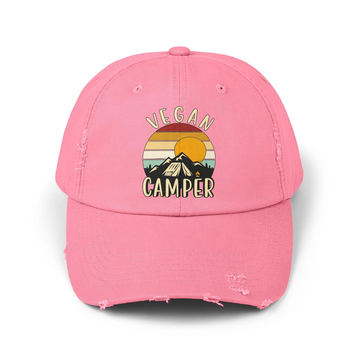 Vegan Camper Cap | Distressed Baseball Hat, Retro Sunset Mountain Design