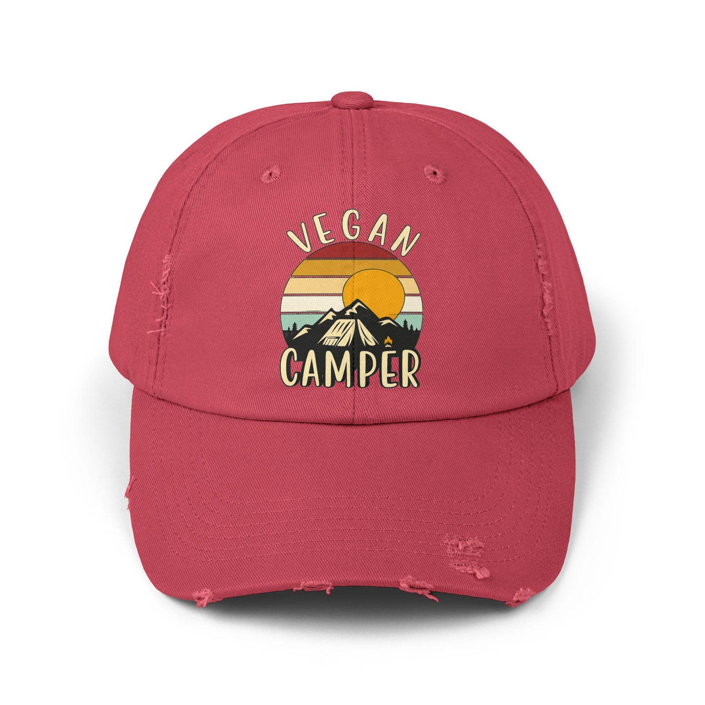 Vegan Camper Cap | Distressed Baseball Hat, Retro Sunset Mountain Design