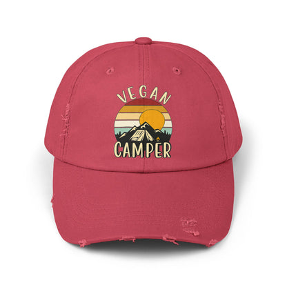 Vegan Camper Cap | Distressed Baseball Hat, Retro Sunset Mountain Design