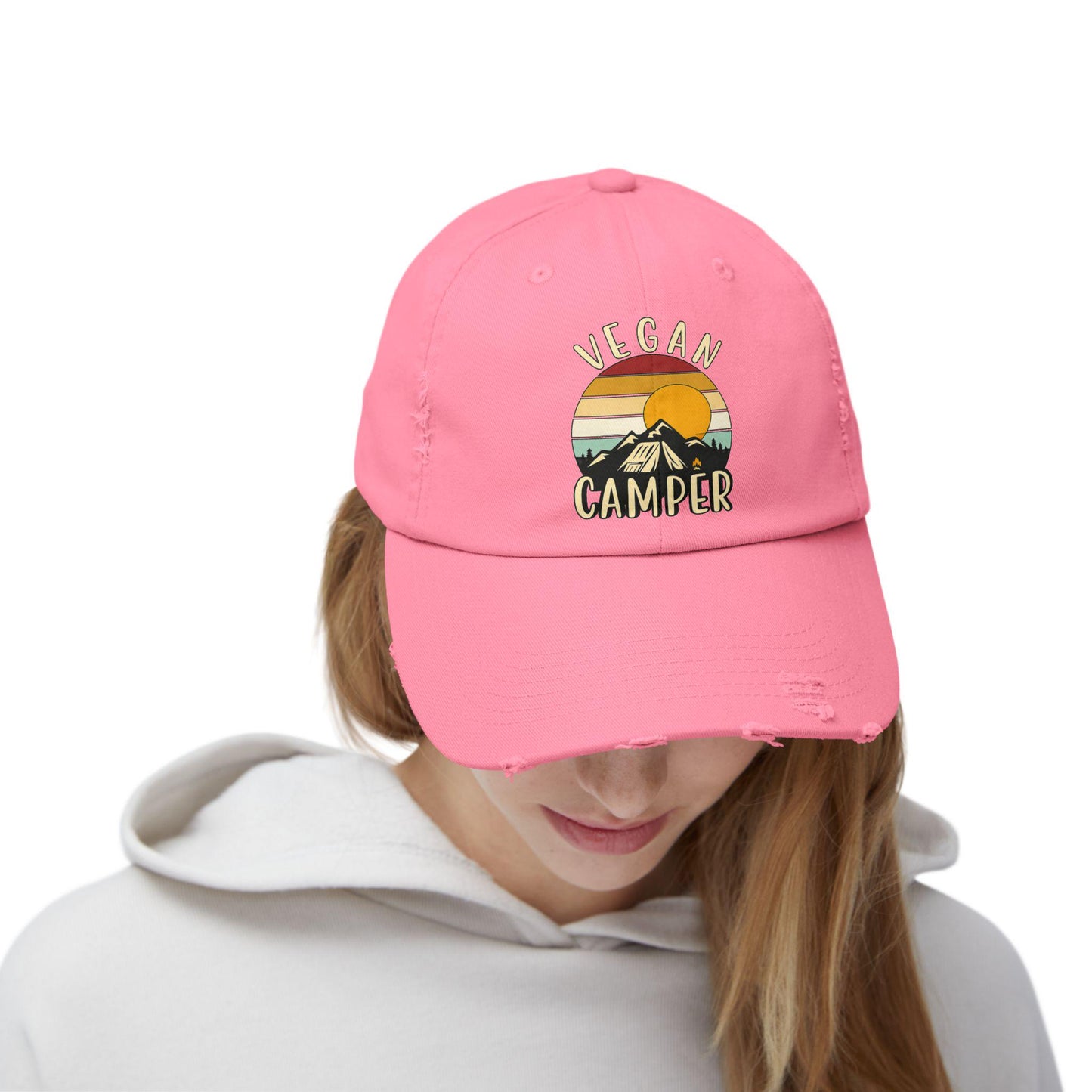 Vegan Camper Cap | Distressed Baseball Hat, Retro Sunset Mountain Design