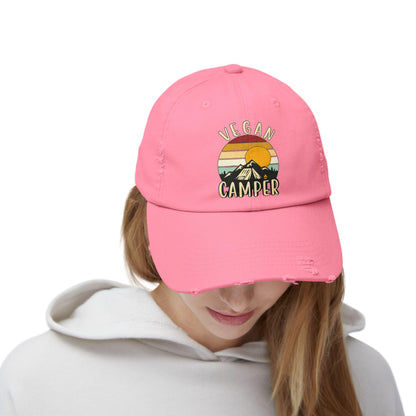 Vegan Camper Cap | Distressed Baseball Hat, Retro Sunset Mountain Design