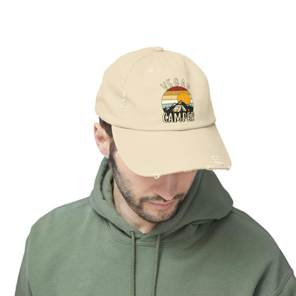 Vegan Camper Cap | Distressed Baseball Hat, Retro Sunset Mountain Design