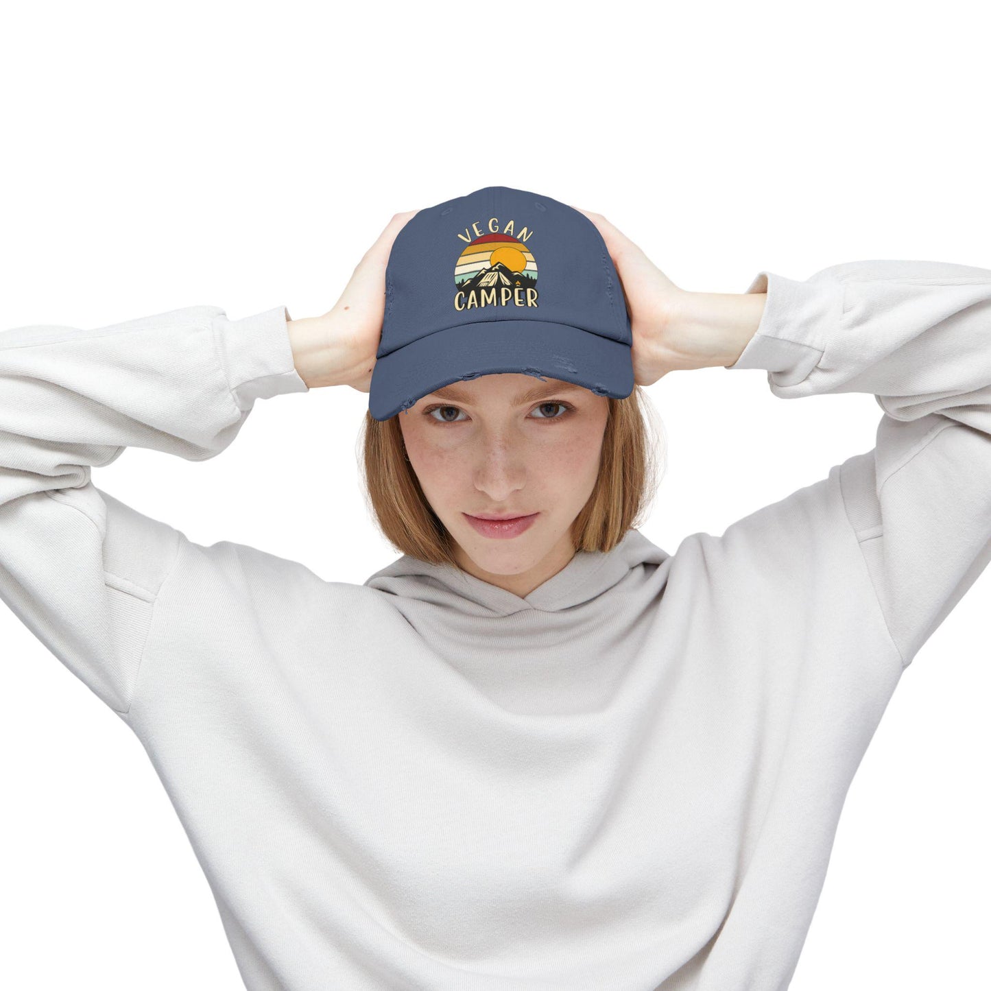 Vegan Camper Cap | Distressed Baseball Hat, Retro Sunset Mountain Design