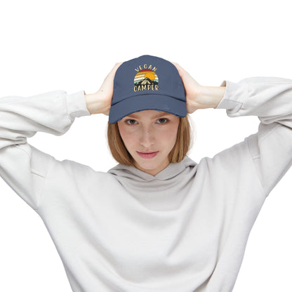 Vegan Camper Cap | Distressed Baseball Hat, Retro Sunset Mountain Design