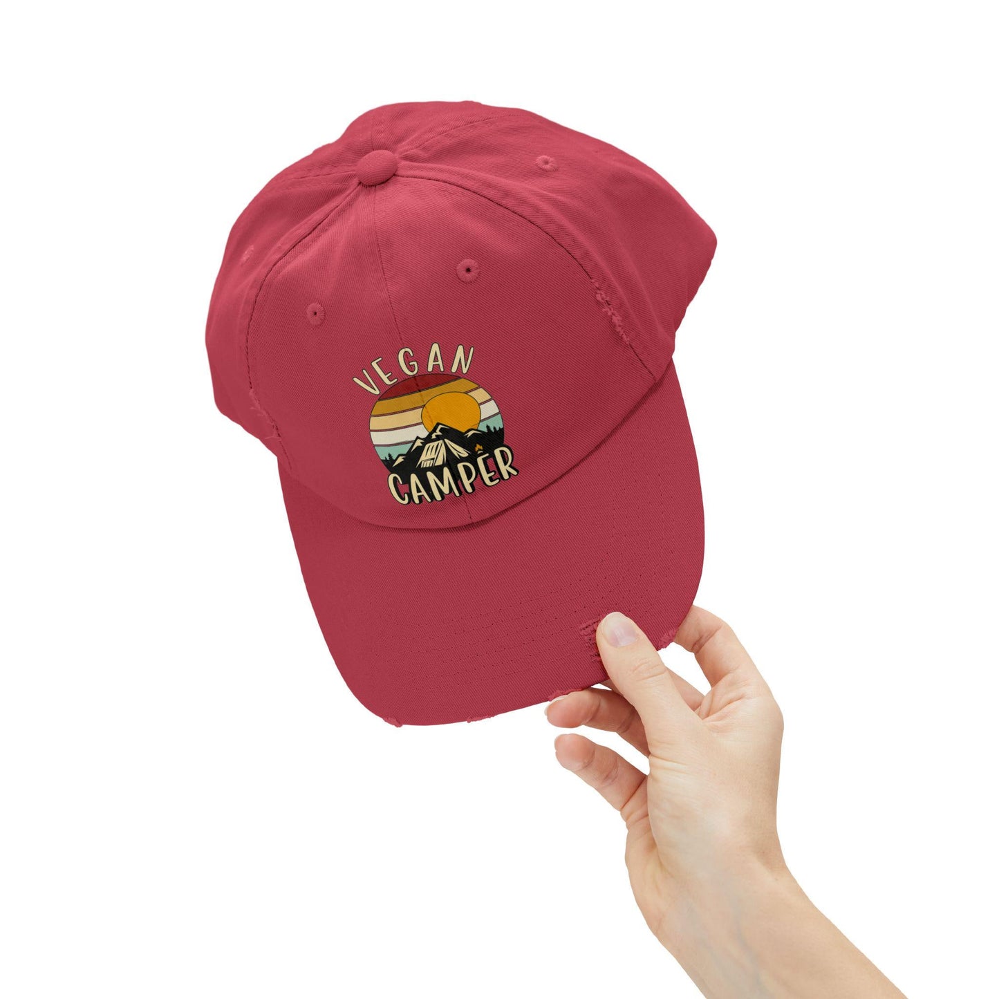 Vegan Camper Cap | Distressed Baseball Hat, Retro Sunset Mountain Design