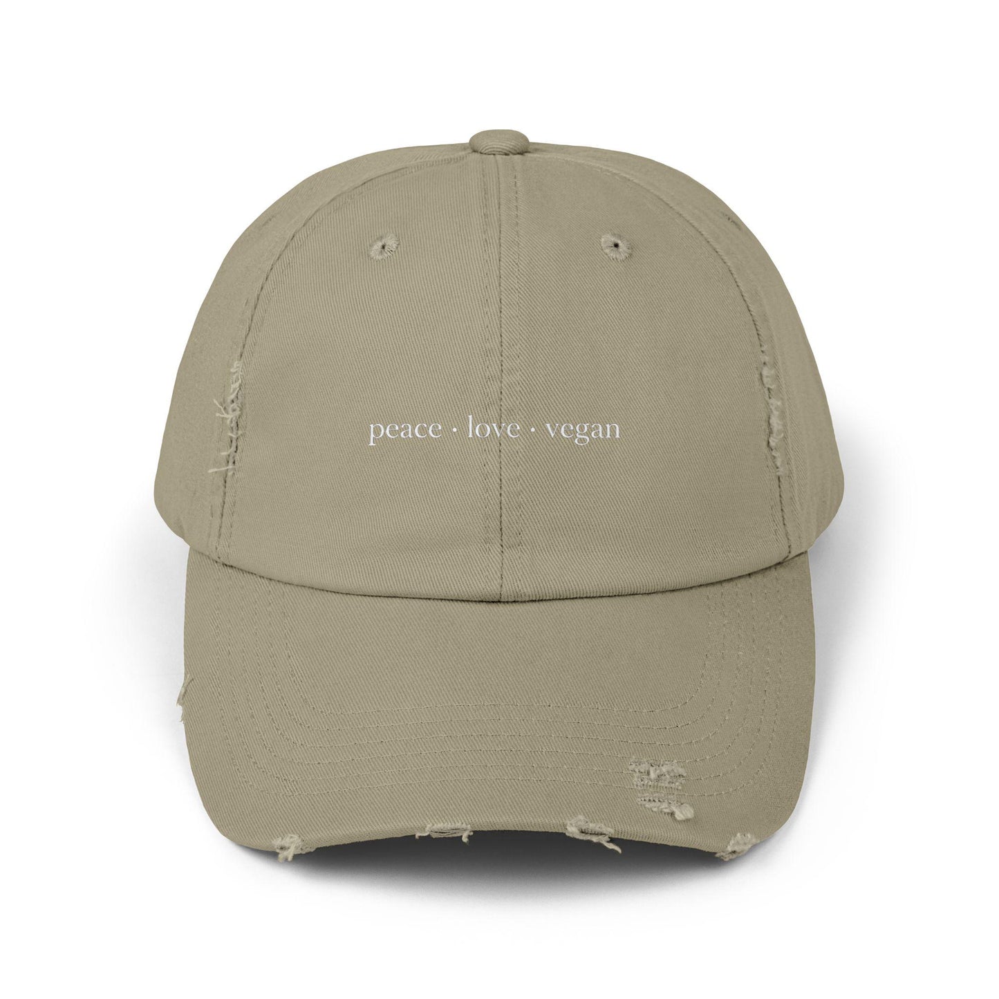 Distressed Cotton Twill Cap | Peace Love Vegan Statement Hat