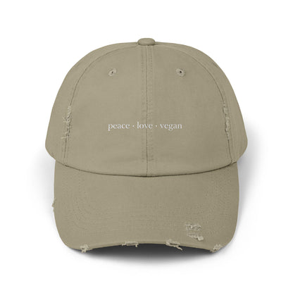Distressed Cotton Twill Cap | Peace Love Vegan Statement Hat