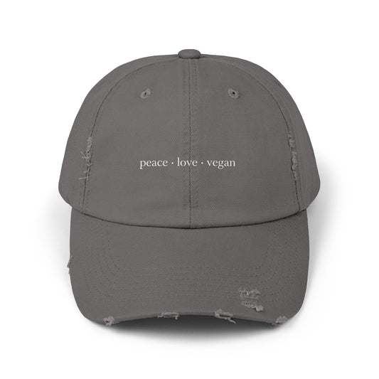 Distressed Cotton Twill Cap | Peace Love Vegan Statement Hat