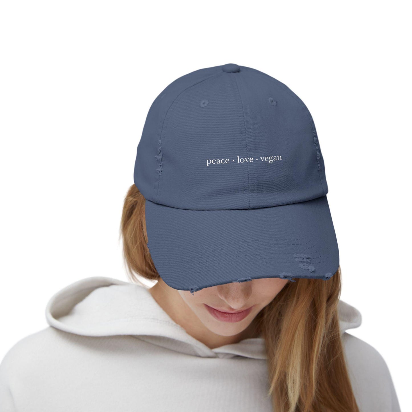 Distressed Cotton Twill Cap | Peace Love Vegan Statement Hat